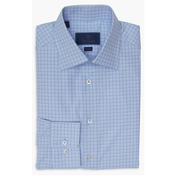 David Donahue Dobby Fine Check Dress Shirt Men's 15.5 34-35 Blue Long Sleeve